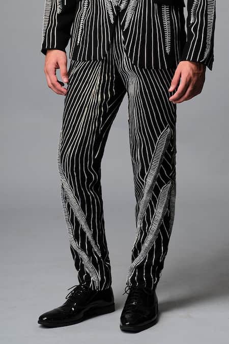 Vivek Patel_Black Crepe Embroidery Stryke Blazer And Trousers Set _Online_at_Aza_Fashions