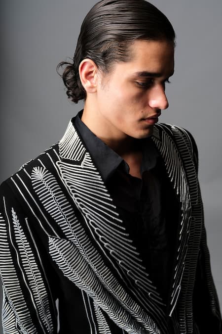 Shop_Vivek Patel_Black Crepe Embroidery Stryke Blazer And Trousers Set _Online_at_Aza_Fashions