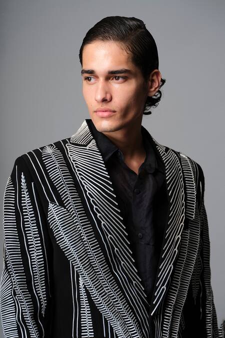 Shop_Vivek Patel_Black Crepe Embroidery Stryke Blazer And Trousers Set 