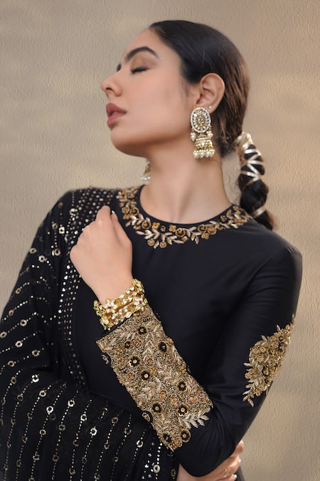 RICHA AHLUWALIA_Black Silk, Cotton, Silk, Zardozi And Thread Anarkali Set _Online_at_Aza_Fashions