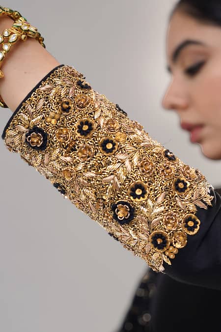 Buy_RICHA AHLUWALIA_Black Silk, Cotton, Silk, Zardozi And Thread Anarkali Set _Online_at_Aza_Fashions