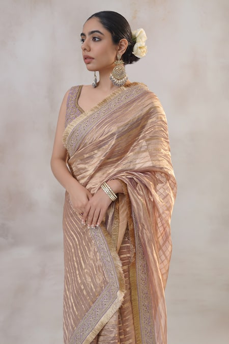 Buy_RICHA AHLUWALIA_Gold Tissue, Silk Zari, Sequins, Embroidery Banarasi Stripe Saree And Blouse _Online_at_Aza_Fashions