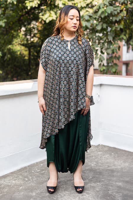 Prahnaaya Ajrakh Hand-Blocked Asymmetric Tunic With Dhoti Skirt 