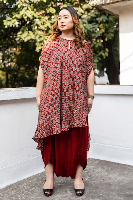 Prahnaaya Ajrakh Hand-Blocked Asymmetric Tunic With Dhoti Skirt 