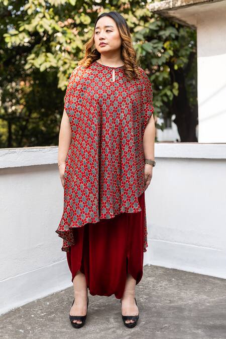 Prahnaaya Red Satin, Modal Round Ajrakh Hand-blocked Asymmetric Tunic With Dhoti Skirt Online at Aza Fashions Prahnaaya_Red Satin, Modal Round Ajrakh Hand-blocked Asymmetric Tunic With Dhoti Skirt _Online_at_Aza_Fashions