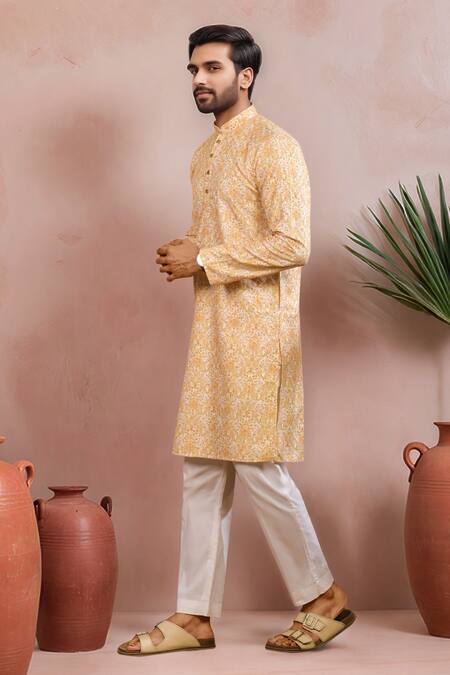 Arihant Rai Sinha Mustard Silk Floral Pattern Kurta And Pant Set Online at Aza Fashions Arihant Rai Sinha_Mustard Silk Floral Pattern Kurta And Pant Set _Online_at_Aza_Fashions