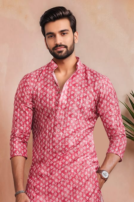 Arihant Rai Sinha_Red Cotton, Silk Woven Panels Kurta Set _Online_at_Aza_Fashions