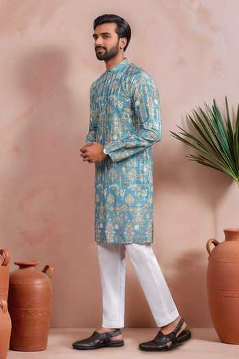 Arihant Rai Sinha Teal Cotton, Silk Woven Panels Kurta Set Online at Aza Fashions Arihant Rai Sinha_Teal Cotton, Silk Woven Panels Kurta Set _Online_at_Aza_Fashions
