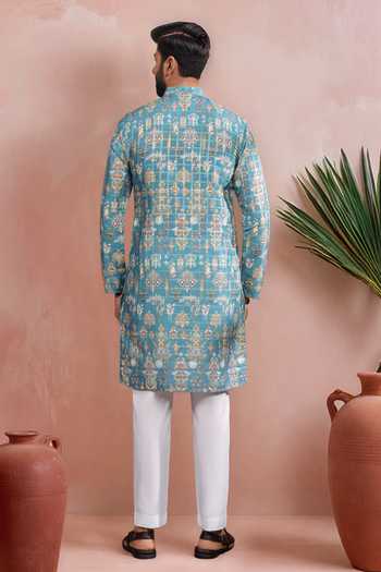 Shop Arihant Rai Sinha Teal Cotton, Silk Woven Panels Kurta Set at Aza Fashions Shop_Arihant Rai Sinha_Teal Cotton, Silk Woven Panels Kurta Set _at_Aza_Fashions