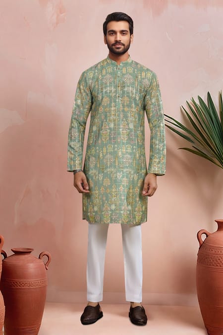 Arihant Rai Sinha Green Cotton, Silk Woven Panels Kurta Set Online at Aza Fashions Arihant Rai Sinha_Green Cotton, Silk Woven Panels Kurta Set _Online_at_Aza_Fashions