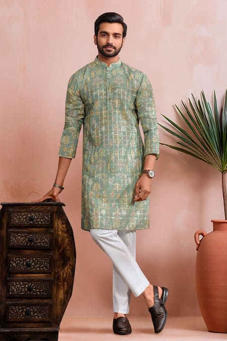 Arihant Rai Sinha Green Cotton, Silk Woven Panels Kurta Set