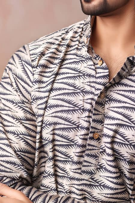 Arihant Rai Sinha_Cream Linen Printed Blended Short Kurta _Online_at_Aza_Fashions