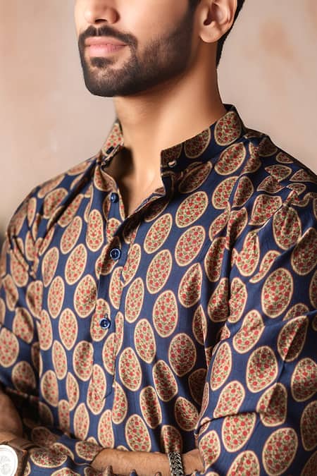 Arihant Rai Sinha_Blue Linen Printed Short Kurta _Online_at_Aza_Fashions