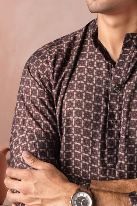 Arihant Rai Sinha Brown Linen Printed Short Kurta Online at Aza Fashions Arihant Rai Sinha_Brown Linen Printed Short Kurta _Online_at_Aza_Fashions