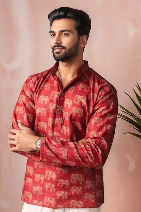 Arihant Rai Sinha_Red Linen Printed Elephant Motif Short Kurta _Online_at_Aza_Fashions