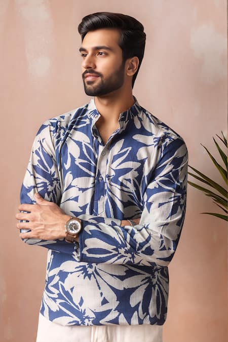Arihant Rai Sinha_Blue Linen Printed Floral Motif Short Kurta _Online_at_Aza_Fashions