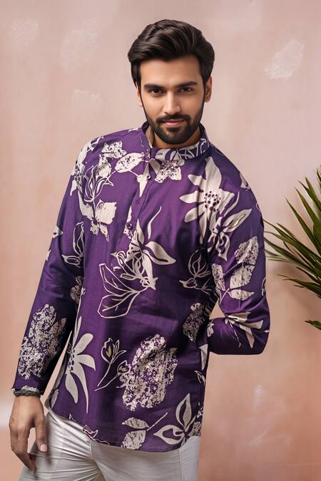 Arihant Rai Sinha_Purple Muslin Printed Floral Short Kurta _Online_at_Aza_Fashions