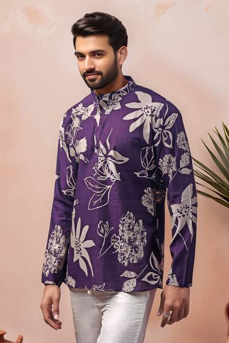 Buy_Arihant Rai Sinha_Purple Muslin Printed Floral Short Kurta _Online_at_Aza_Fashions