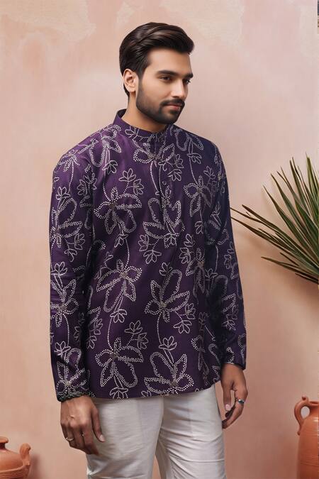 Arihant Rai Sinha_Purple Muslin Printed Floral Motif Short Kurta _Online_at_Aza_Fashions