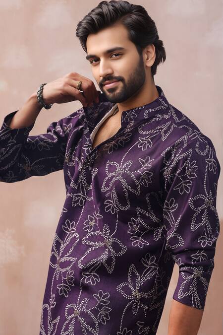 Buy_Arihant Rai Sinha_Purple Muslin Printed Floral Motif Short Kurta _Online_at_Aza_Fashions