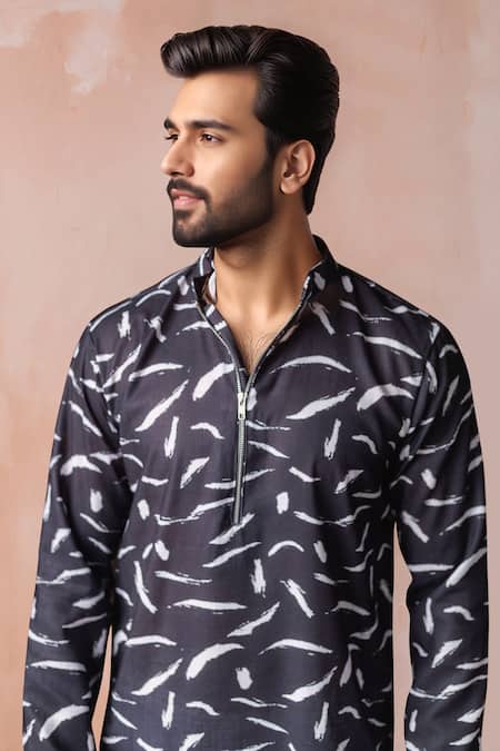 Buy_Arihant Rai Sinha_Black Linen, Silk Printed Kurta And Salwar Set _Online_at_Aza_Fashions