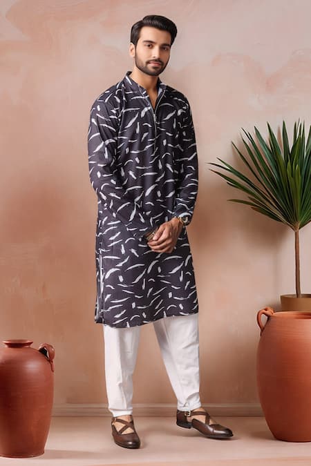 Shop_Arihant Rai Sinha_Black Linen, Silk Printed Kurta And Salwar Set _Online_at_Aza_Fashions