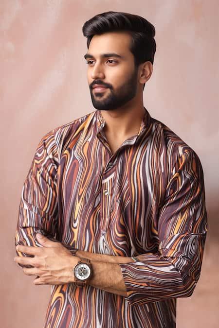 Arihant Rai Sinha_Brown Viscose, Silk Swirl Print Kurta Set _Online_at_Aza_Fashions