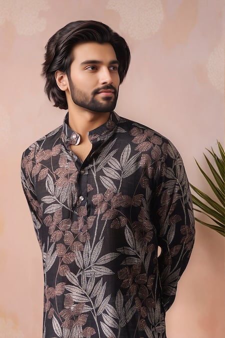 Buy_Arihant Rai Sinha_Black Modal, Silk Leaf Print Kurta Set _Online_at_Aza_Fashions