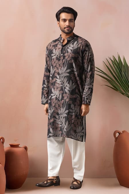Shop_Arihant Rai Sinha_Black Modal, Silk Leaf Print Kurta Set _Online_at_Aza_Fashions