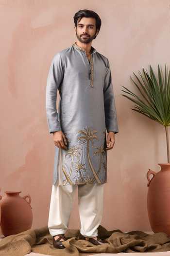 Arihant Rai Sinha_Blue Linen, Silk Embroidery Palm Tree Kurta And Salwar Set _Online_at_Aza_Fashions
