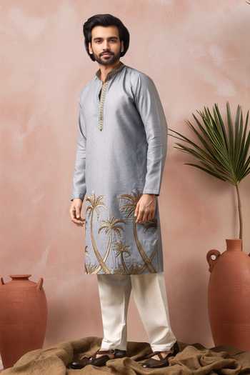 Buy_Arihant Rai Sinha_Blue Linen, Silk Embroidery Palm Tree Kurta And Salwar Set _Online_at_Aza_Fashions
