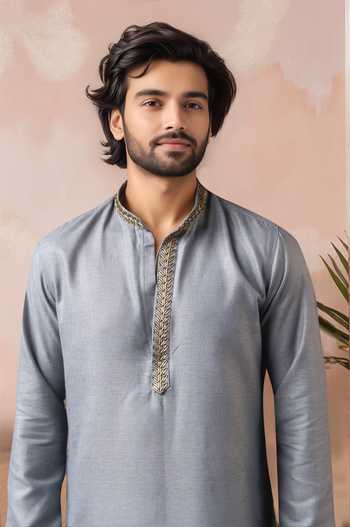 Shop_Arihant Rai Sinha_Blue Linen, Silk Embroidery Palm Tree Kurta And Salwar Set _Online_at_Aza_Fashions