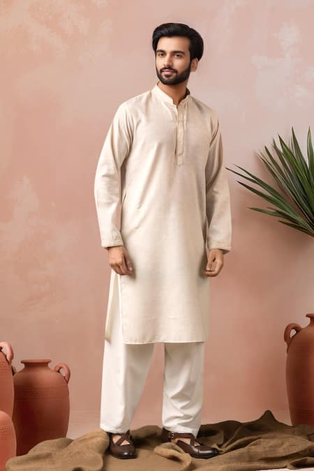 Arihant Rai Sinha_Off White Linen, Silk Embroidery Kurta And Salwar Set _Online_at_Aza_Fashions