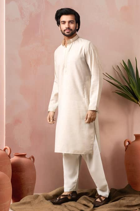 Buy_Arihant Rai Sinha_Off White Linen, Silk Embroidery Kurta And Salwar Set _Online_at_Aza_Fashions