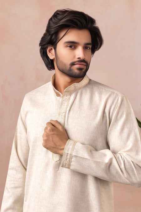 Shop_Arihant Rai Sinha_Off White Linen, Silk Embroidery Kurta And Salwar Set _Online_at_Aza_Fashions