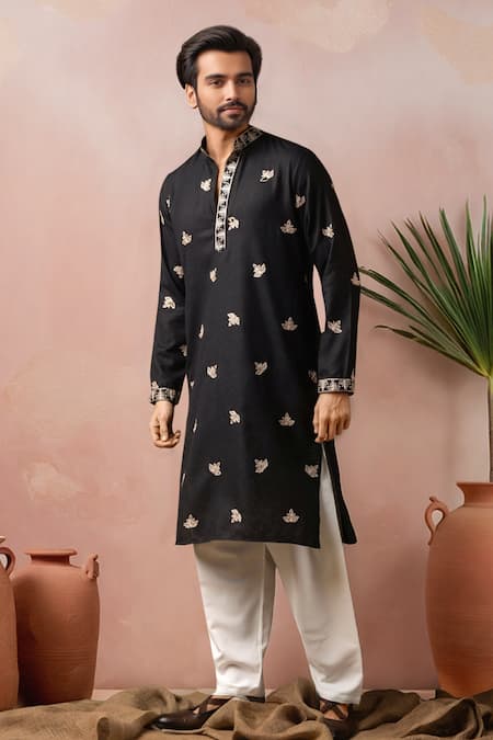 Buy_Arihant Rai Sinha_Black Linen, Silk Embroidery Kurta And Salwar Set _Online_at_Aza_Fashions