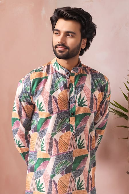 Arihant Rai Sinha_Multi Color Linen, Silk Printed Kurta And Art Salwar Set _Online_at_Aza_Fashions