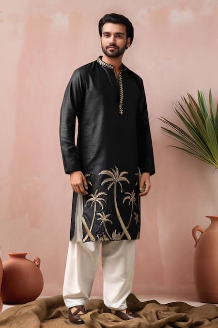 Arihant Rai Sinha_Black Linen, Silk Embroidery, Metallic Thread Palm Tree Kurta And Salwar Set _Online_at_Aza_Fashions