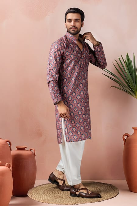 Arihant Rai Sinha_Wine Cotton, Silk Printed Kurta And Salwar Set _Online_at_Aza_Fashions