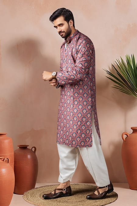 Buy_Arihant Rai Sinha_Wine Cotton, Silk Printed Kurta And Salwar Set _Online_at_Aza_Fashions