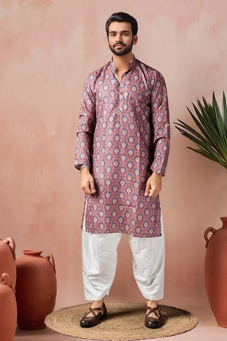Shop_Arihant Rai Sinha_Wine Cotton, Silk Printed Kurta And Salwar Set _Online_at_Aza_Fashions