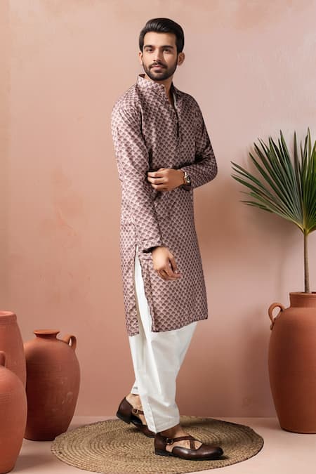 Arihant Rai Sinha_Wine Cotton, Silk Jaal Print Kurta Set _Online_at_Aza_Fashions