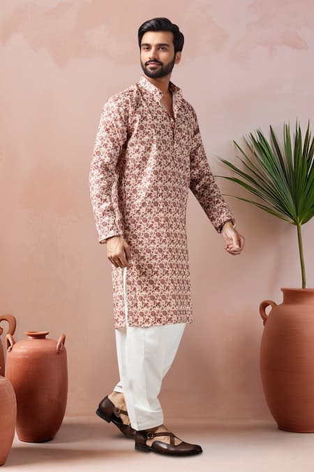 Arihant Rai Sinha_Brown Cotton, Silk Floral Print Kurta And Salwar Set _Online_at_Aza_Fashions