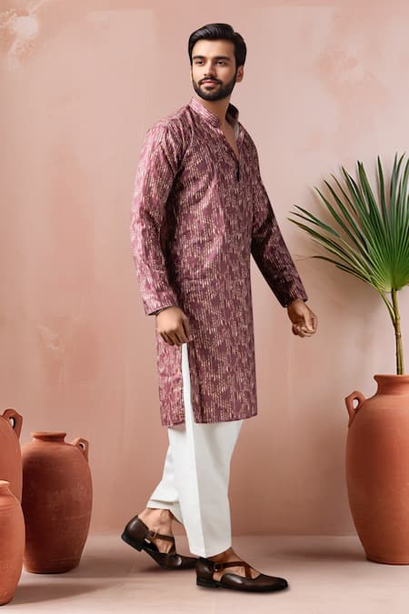 Arihant Rai Sinha_Wine Cotton, Silk Abstract Print Kurta Set _Online_at_Aza_Fashions