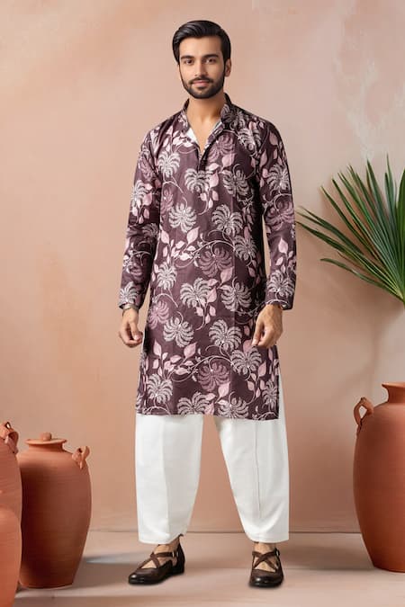 Arihant Rai Sinha_Maroon Cotton, Silk Floral Print Kurta And Salwar Set _Online_at_Aza_Fashions