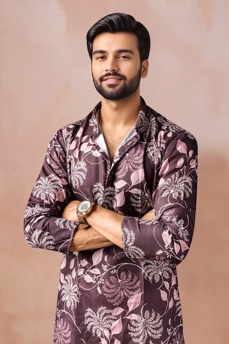 Buy_Arihant Rai Sinha_Maroon Cotton, Silk Floral Print Kurta And Salwar Set _Online_at_Aza_Fashions