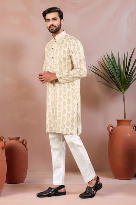 Arihant Rai Sinha Cream Linen, Cotton Paisley Pattern Kurta And Pant Set Online at Aza Fashions Arihant Rai Sinha_Cream Linen, Cotton Paisley Pattern Kurta And Pant Set _Online_at_Aza_Fashions