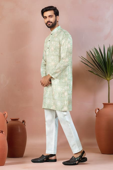 Arihant Rai Sinha_Green Linen, Cotton Geometric Print Kurta And Pant Set _Online_at_Aza_Fashions