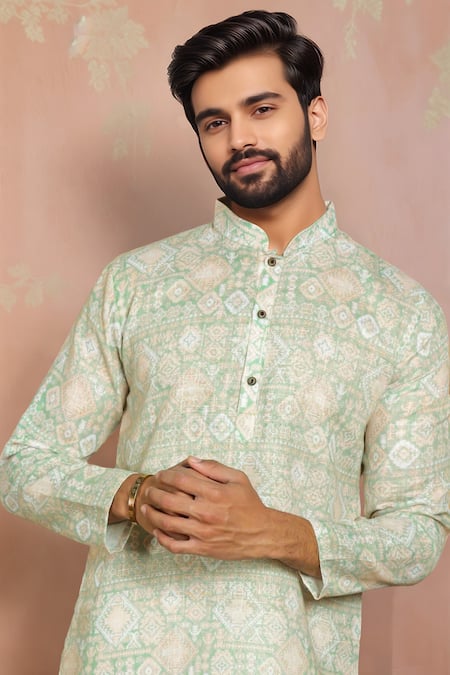 Buy_Arihant Rai Sinha_Green Linen, Cotton Geometric Print Kurta And Pant Set _Online_at_Aza_Fashions