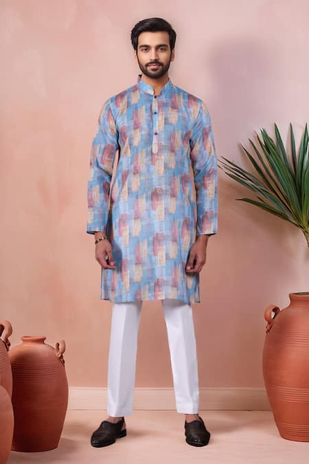 Buy_Arihant Rai Sinha_Blue Linen, Cotton Abstract Print Kurta And Pant Set _Online_at_Aza_Fashions